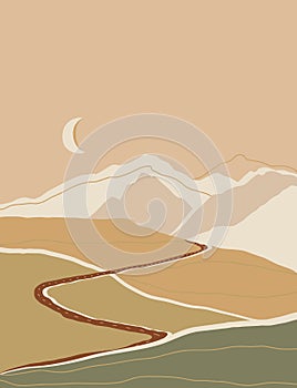 Abstract contemporary landscape poster, mountains poster with road, Boho print, Mustard color art