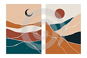 Abstract contemporary landscape posters. Boho background set sun moon mountains, minimalist wall decor. Vector art print