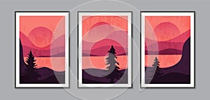 Abstract contemporary landscape posters. Modern background set with sun moon mountains. Abstract arts design for wall