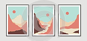 Abstract contemporary landscape posters. Modern boho background set with sun moon mountains. Abstract arts design for