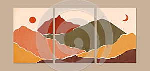 Abstract contemporary landscape posters. Modern boho background set with sun moon mountains. Abstract arts design for