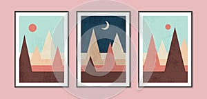 Abstract contemporary landscape posters. Modern boho background set with sun moon mountains. Abstract arts design for