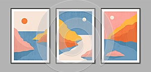 Abstract contemporary landscape posters. Modern boho background set with sun moon mountains. Abstract arts design for