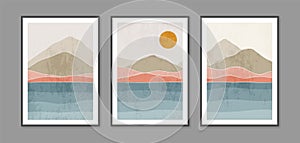 Abstract contemporary landscape posters. Modern boho background set with sun moon mountains. Abstract arts design for