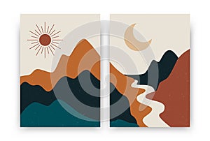 Abstract contemporary landscape posters. Modern boho background set with sun moon mountains, minimalist wall decor. Vector print photo