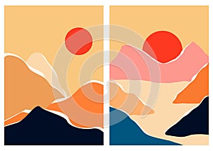 Abstract contemporary landscape posters set. Flat design for book cover, poster, banner, brochure, flyer.