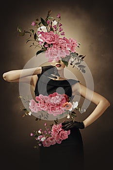 Abstract art collage of young woman with flowers photo