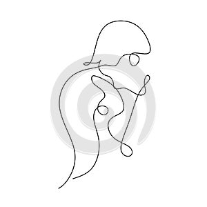 Abstract continuous line drawing of happy young woman playing and hug the dog. A young woman squatting, hugs and kisses her dog.