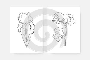 Abstract continuous line flowers posters. Set of wall decor with one line botanical drawing minimalist simple style. Vector art