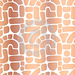 Abstract copper foil shapes seamless vector pattern. Rose golden blocks, arcs, dots on white. Hand drawn texture background. Flat