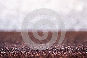 Abstract copper and silver sparkling bokeh wall and floor background studio.luxury holiday backdrop mock up for display