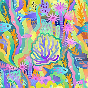 Abstract coral reef illustration. Colorful seamless pattern with neon and psychedelic bright colors. Vector decorative background