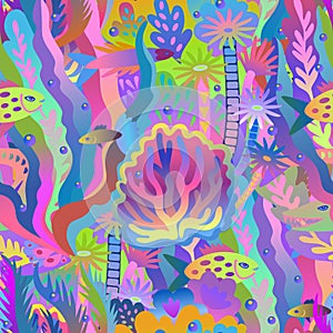 Abstract coral reef illustration. Colorful seamless pattern with neon and psychedelic bright colors. Vector decorative background