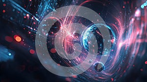 Abstract Cosmic Energy: Blue and Red Glowing Spheres in a Dark Vortex