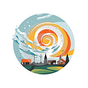 Abstract countryside landscape with swirling sky and sun. Circular whimsical nature scene with houses. Surreal weather