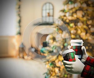 Abstract of couple coffee cup carrying in Christmas scene