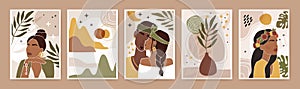 Abstract couple portrait. Modern print with male and female silhouette kissing, leaves, organic shapes, flowers