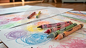 Abstract Crayon Scribbles on White Paper Made by a Child in a Playful and Colorful Style