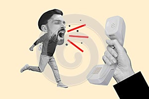 Abstract creative composite illustration photo collage of aggressive furious man screaming on customer support isolated