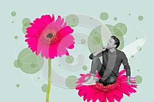 Abstract creative composite photo collage of minded dreamy man sit on gerbera choose flowers on holiday isolated on