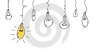Abstract creative concept background. Hand drawn of hanging light bulbs with one shining. Concept of creative idea in simple