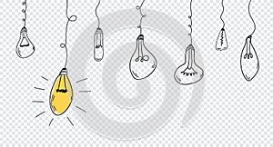 Abstract creative concept background. Hand drawn of hanging light bulbs with one shining. Concept of creative idea in simple