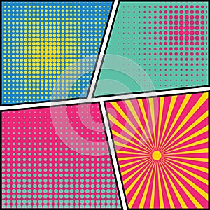 Abstract creative concept comics pop art style blank layout template with clouds beams and isolated dots pattern on background.