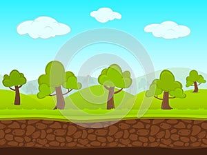 Abstract Creative concept summer seamless landscape. Art cartoon unending background with grass, trees, forest, blue sky layers,