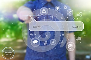 Abstract creative concept vector image of man touching future technology social network button. Digital touch screen of