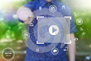 Abstract creative concept vector image of man touching future technology social network button. Digital touch screen of