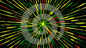 Abstract creative cosmic background with a green star absorbing colorful rays, seamless loop. Animation. Glowing stripes
