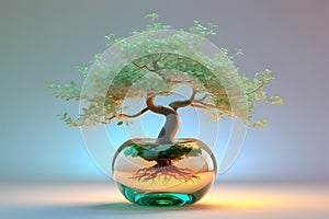 Abstract and creative image of crystal like apple and bonsai tree