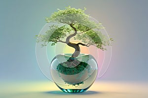 Abstract and creative image of crystal like apple and bonsai tree