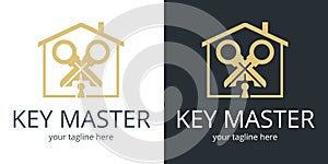 Abstract creative key duplication logo concept. Professional skilled key cutter sign.