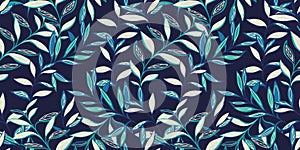 Abstract creative leaves stem intertwined in a seamless pattern. Modern stylized tropical botanical print.