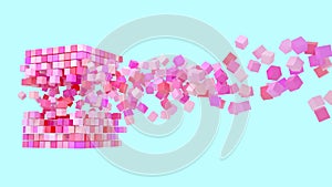 Abstract creative modern blue and pink pastel 3d background three-dimensional cube exploding flying out of it small