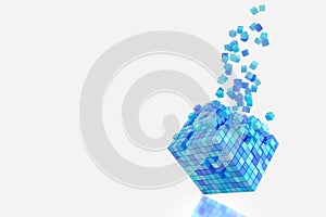 Abstract creative modern blue and white 3D background a three-dimensional cube lying on its side and exploding small
