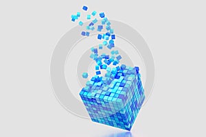 Abstract creative modern blue and white 3D background a three-dimensional cube lying on its side and exploding small