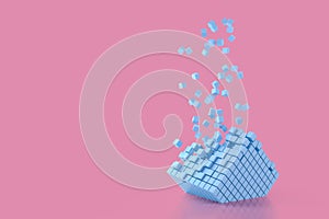 Abstract creative modern pastel pink 3D background a three-dimensional cube lying on its side and exploding small cube