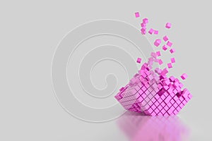 Abstract creative modern pastel pink 3D background a three-dimensional cube lying on its side and exploding small cube