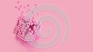 Abstract creative modern pastel pink 3D background a three-dimensional cube lying on its side and exploding small cube