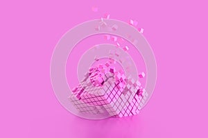 Abstract creative modern pastel pink 3D background a three-dimensional cube lying on its side and exploding small cube