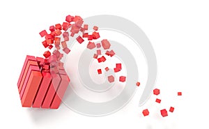Abstract creative modern red and white 3D background a three-dimensional cube lying on its side and exploding small cube