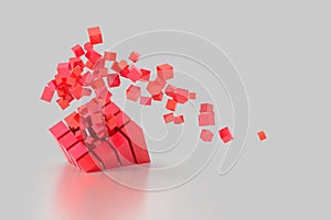 Abstract creative modern red and white 3D background a three-dimensional cube lying on its side and exploding small cube