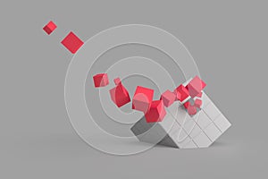 Abstract creative modern red and white 3D background a three-dimensional cube lying on its side and exploding small cube