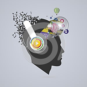 Abstract creative open head. Genius mind. Music artist. Vector