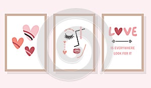 Abstract creative pink retro love signs and symbols wall art frame poster set design element on white