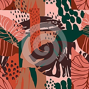 Abstract creative seamless pattern with tropical plants and artistic background.