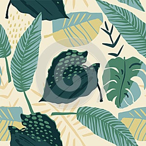 Abstract creative seamless pattern with tropical plants and artistic background.