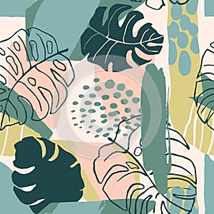 Abstract creative seamless pattern with tropical plants and artistic background.